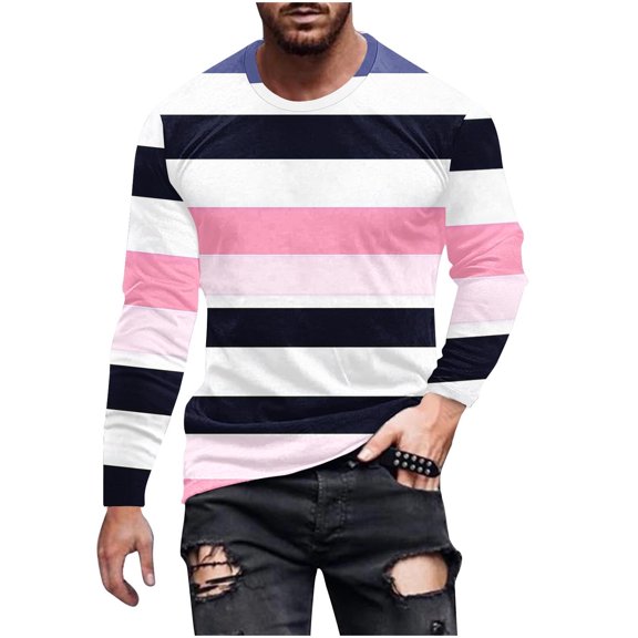 LIaqionyy Men's Big and Tall Long Sleeve Striped Shirts Crew Neck Basic Blouse Casual Color Block Work Tee Tops