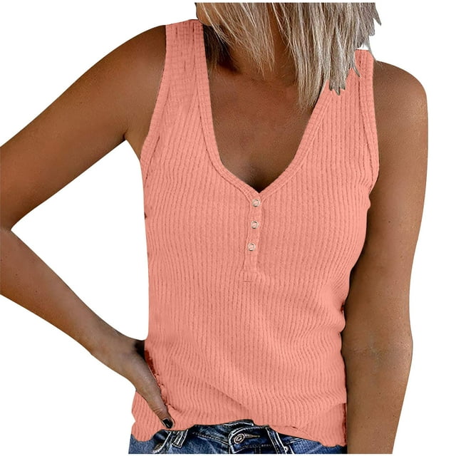 AherBiu Ribbed Tank Tops for Women 2024 Summer Knitted Slim Fitted Camis Stretchy Comfy Button V Neck Tops