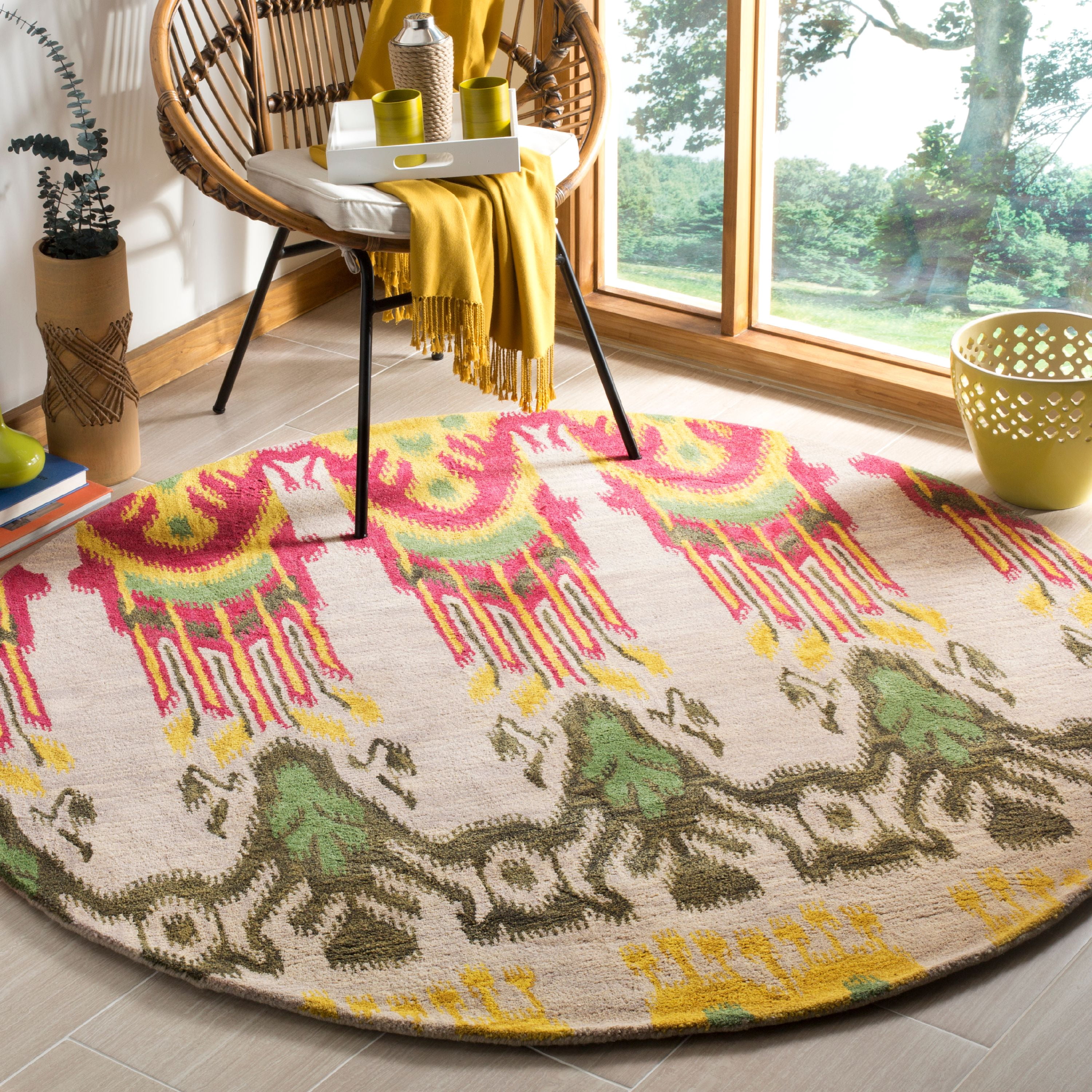 SAFAVIEH Ikat Crane Paisley Wool Area Rug, Beige/Yellow, 6' x 6' Round