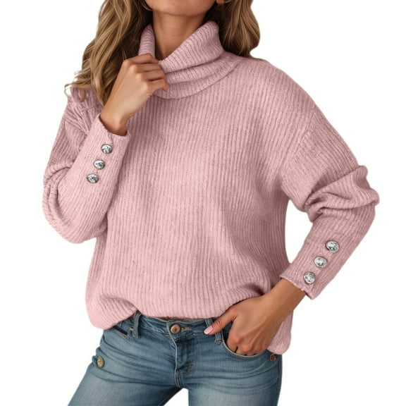 Women's Sweaters Womens Fall Tops Solid Color Scarf Collar Long Sleeve Pullover Sweater Top Button Detail Knitted Fall Winter Warm Casual Blouse Tunic