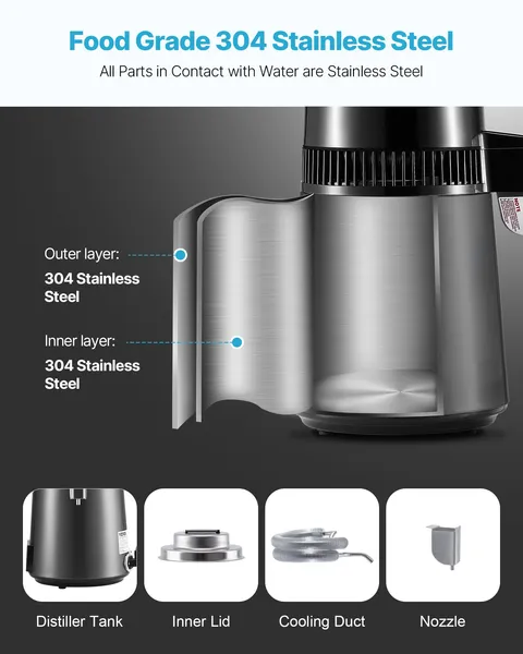 Water Distiller, 4L 1.1 Gallon Pure Water Purifier Filter For Home Table Countertop, 1750W Distilled Maker with Glass Pot, Stainless Steel Interior Drinking Machine to Make Clean Waters, Grey