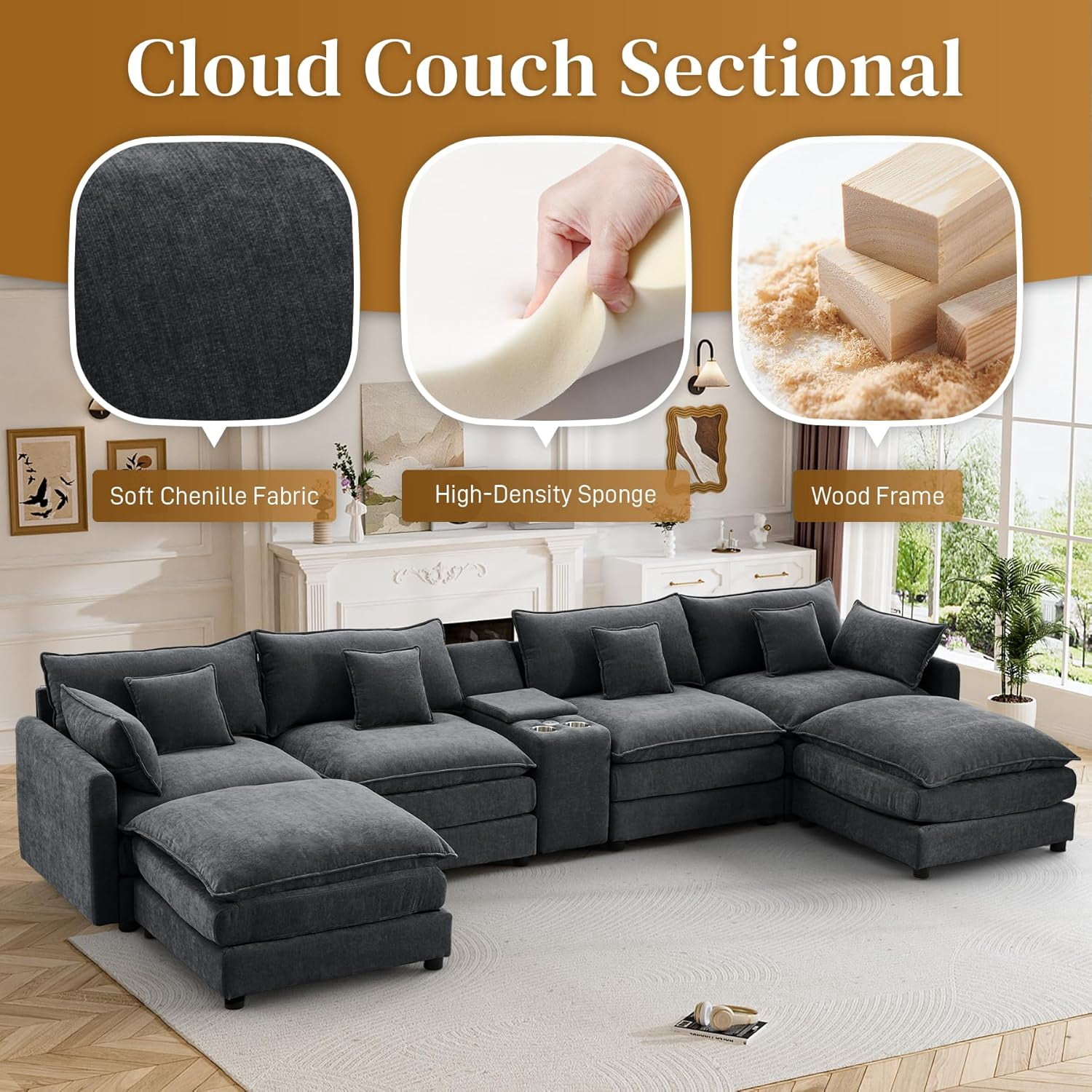 avobird Oversided 145" U Shaped Cloud Couch Sectional, DeepSeat Sofa Bed with USB Charging, Hidden Storage, Cup Holders & Chenille Double Chaise, Gray