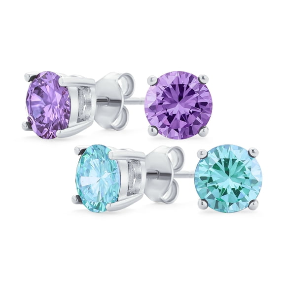 Bling Jewelry Womens Round Solitaire Aqua Lavender CZ Stud Earrings .925 Sterling Silver (2 Set)