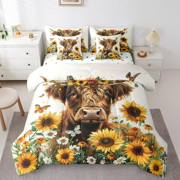 Manfei Highland Cow 7-Piece Twin Bedding Sets,Floral Sunflower Bedding Comforter Set,Flying Butterfly Breathable Sheet Sets,Microfiber Teenager Bedroom Decor,Reversible
