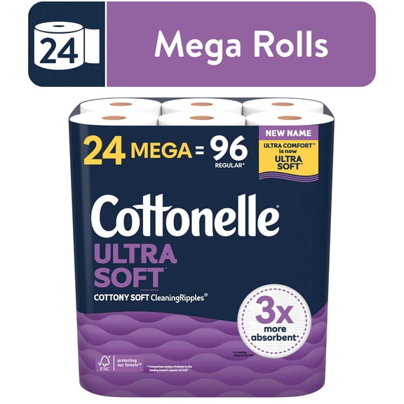 Cottonelle Ultra Soft Toilet Paper, Strong Toilet Tissue, 24 Mega Rolls