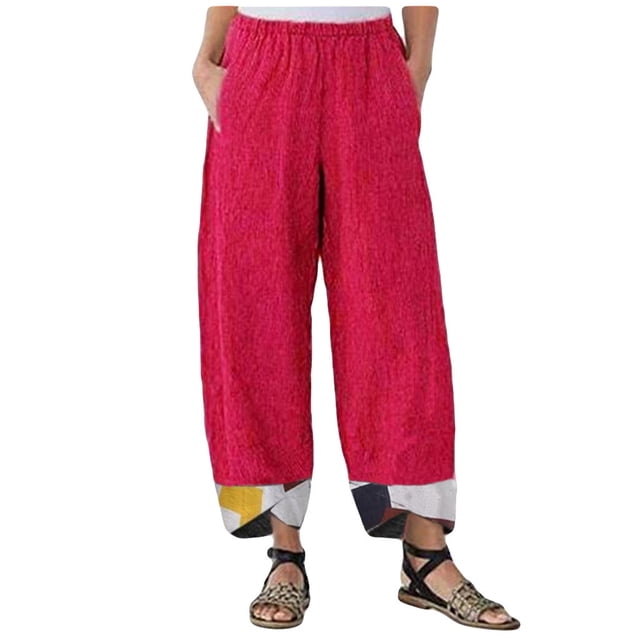 Gibobby pantalones de yoga Pantalones de pierna ancha casuales de cintura elástica irregular con estampado suelto de lino y algodón para mujer (Rojo, XXXXXL)