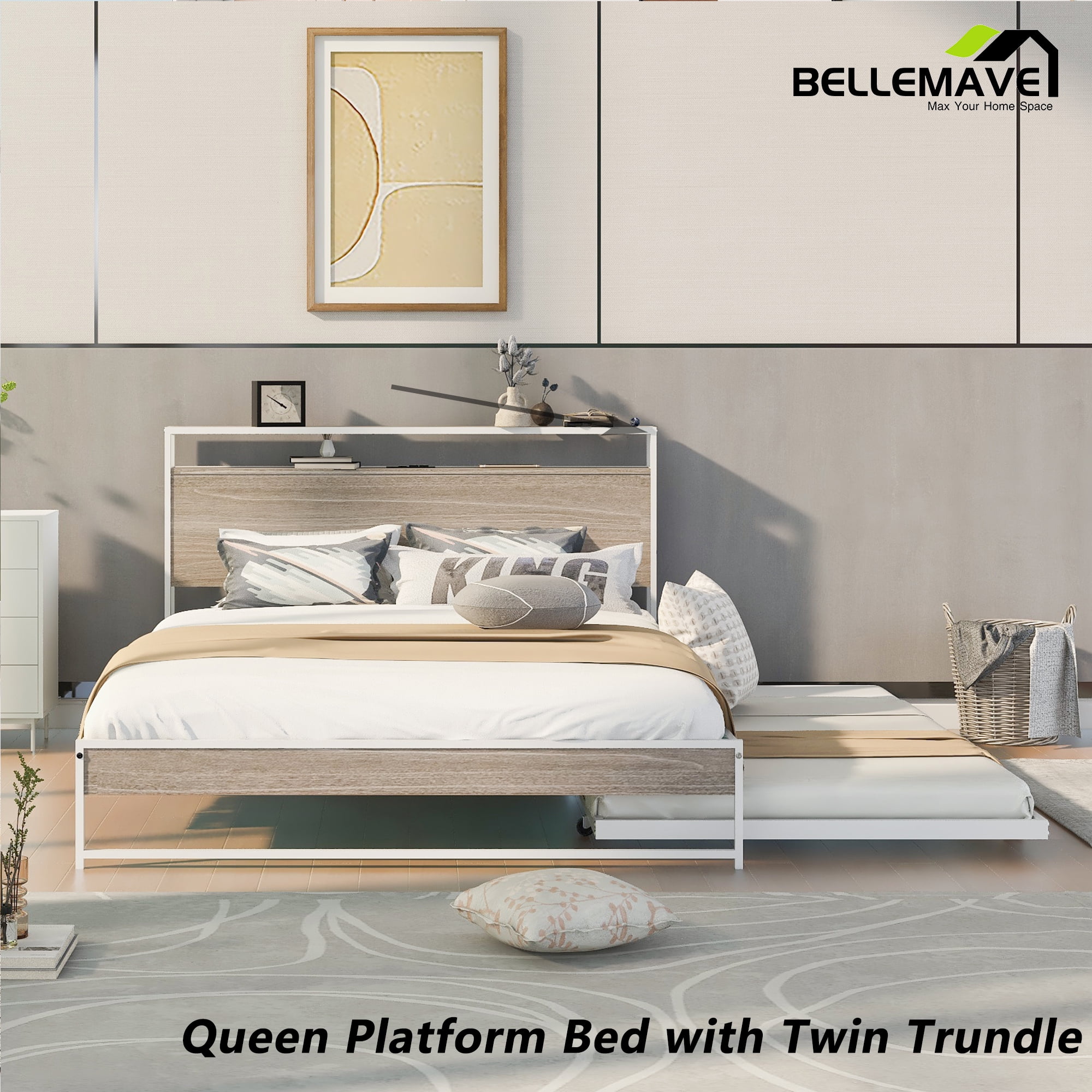 Bellemave Queen Platform Bed Frame with Twin Size Trundle, Usb Ports and Storage Shelf, Metal Queen Bed Frame with Headboard, Noise-Free, No Box Spring Needed(White)