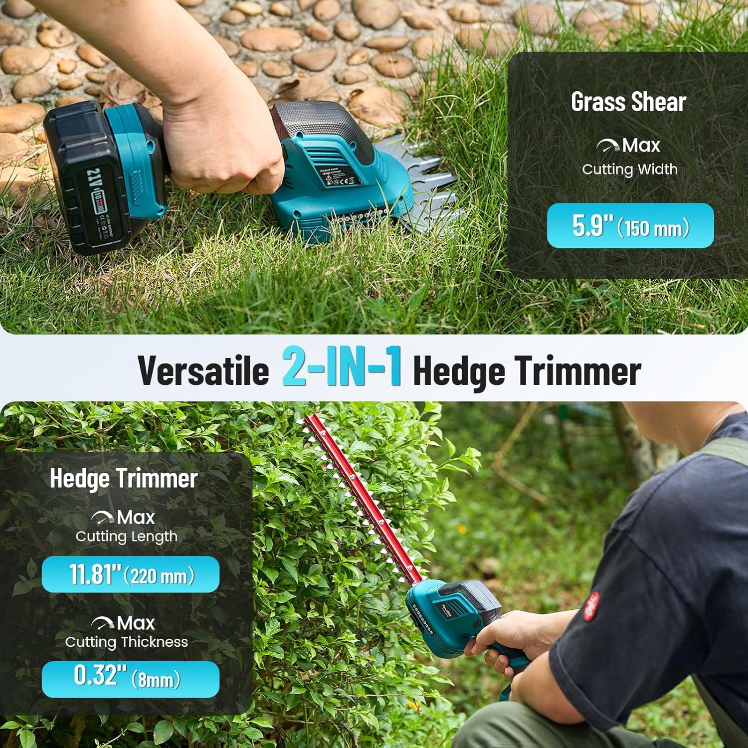 Seesii 3-in-1 Cordless Pole Hedge Trimmer, 21V Electric Hedge & Grass Trimmer with 2*4.0Ah Rechargeable Batteries, 16ft Reach, Extended Pole with 180° Adjustable Angle for High Shrubs, Bush and Grass