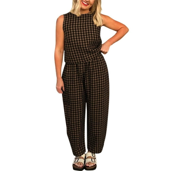 Womens Plaid 2 Pieces Lounge Pants Sets Y2K Sleeveless Tank Top Baggy Wide Leg Barrel Loungewear Outfits