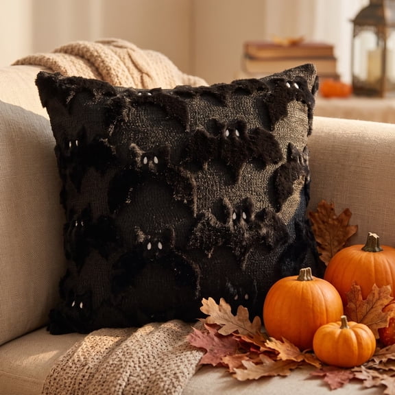 MMJ Throw Pillow Cover Halloween Bat Black Textured Soft Plush Cushion Case Gothic Decor for Sofa Bed Home