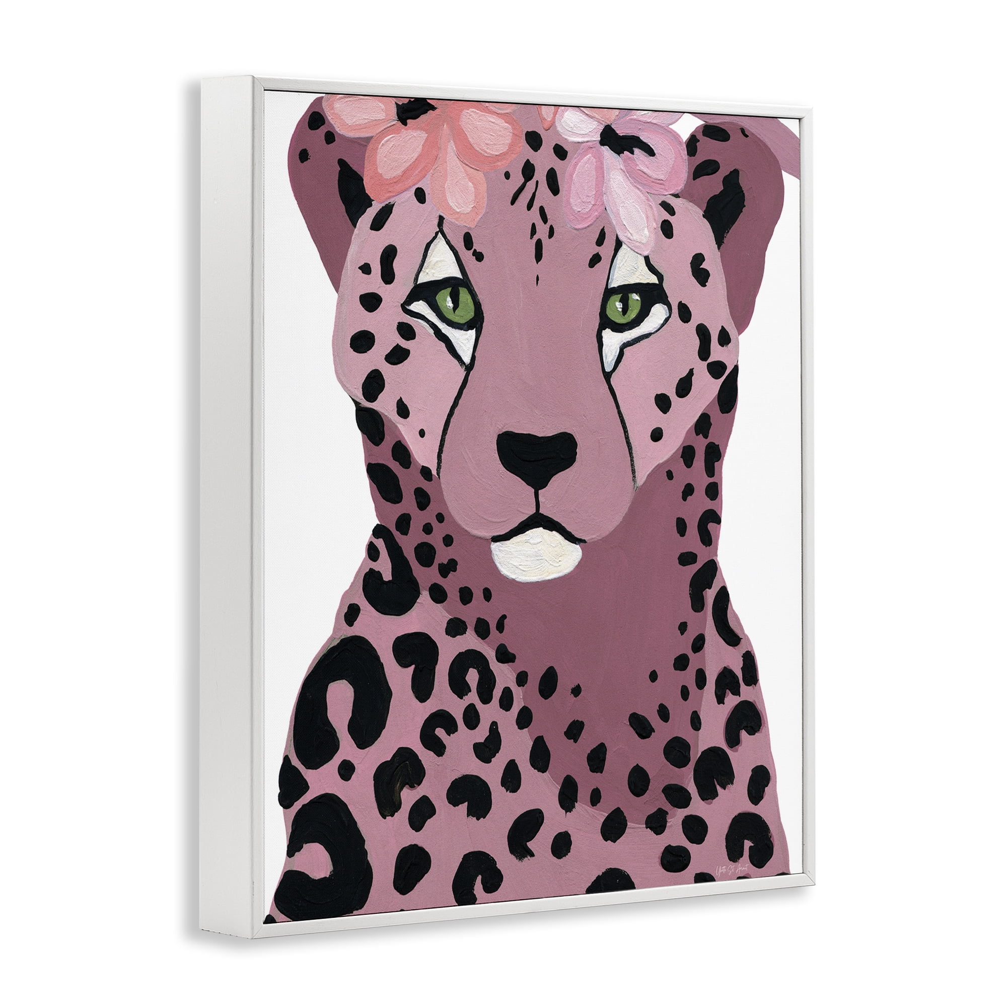 Stupell Industries Cheetah with Pink Blossoms Animals & Insects Painting White Framed Art Print Wall Art, 11 x 14