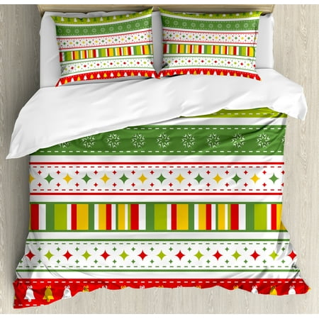 Border Bedding - Christmas Queen Size Duvet Cover Set, Set of Traditional Seasonal Borders Stars Bells Trees Stripes Print, Decorative 3 Piece Bedding Set with 2 Pillow Shams, Lime Green Yellow Red, by Ambesonne