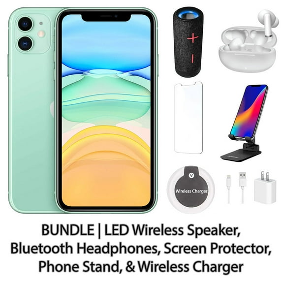 Restored Apple iPhone 11 64GB Green Fully Unlocked Bundle: LED Wireless Speaker, Bluetooth Headphones, Screen Protector, Wireless Charger, & Phone Stand (Refurbished)