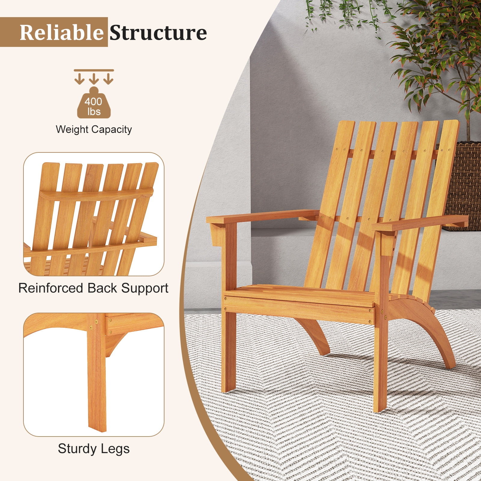 Patiojoy 2PCS Wooden Adirondack Chair W/Ergonomic Design Outdoor Lounge Armchair Acacia Wood chair for Yard&Patio Natural Color
