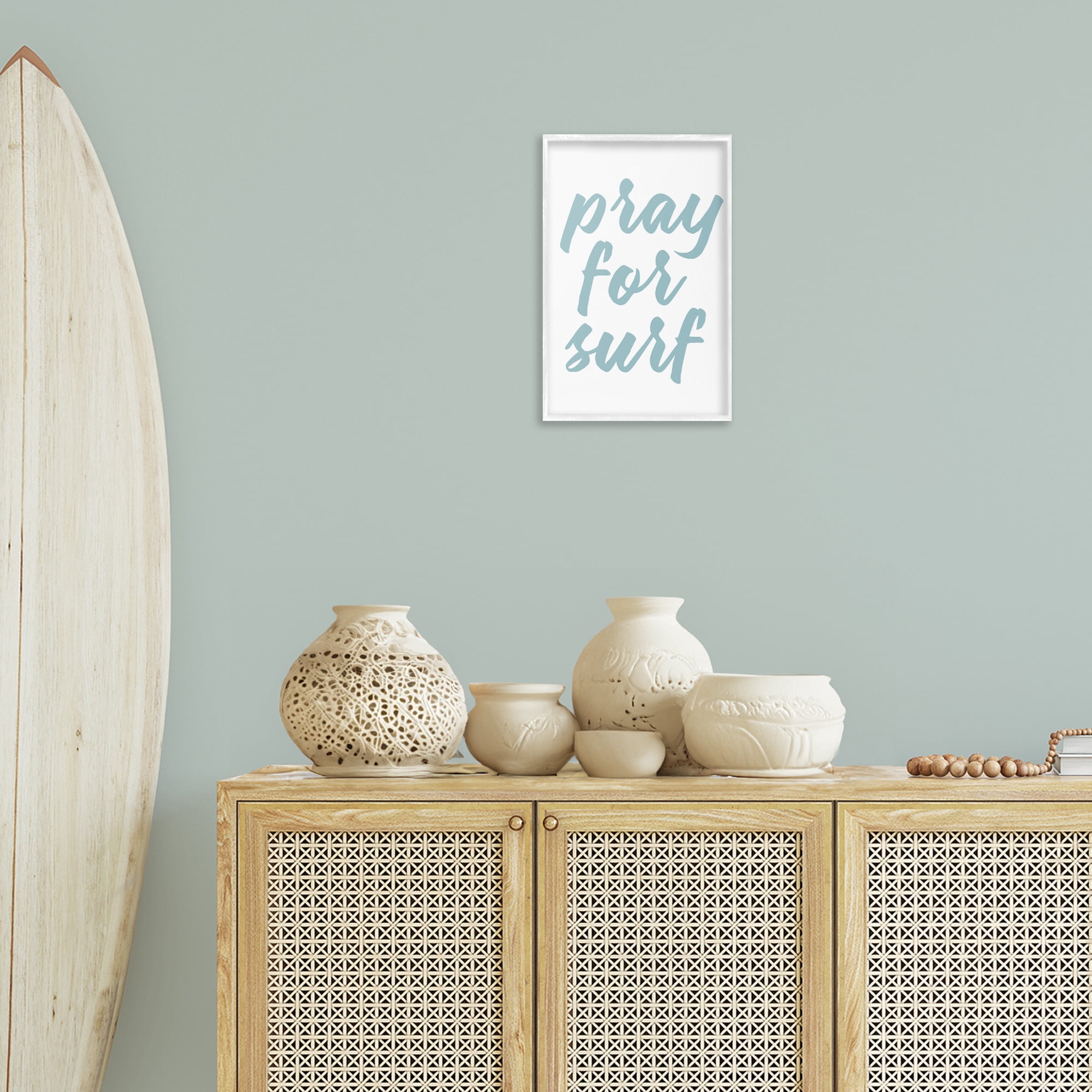 Stupell Industries Pray For Surf Typography Painting White Framed Art Print Wall Art, 12 x 18