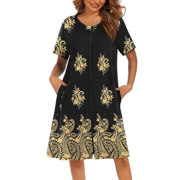 Ekouaer Women Robes Lightweight House Coat Short Sleeve Floral Print Mumu House Dresses with Pockets Zipper Nightgowns