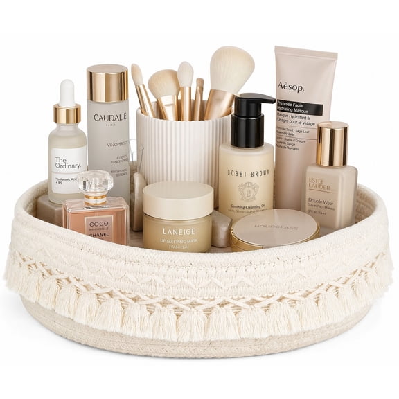 Boho Macrame Makeup Organizer & Perfume Basket - Woven Desk Storage for Cosmetics, Skincare, Dresser & Dorm Decor