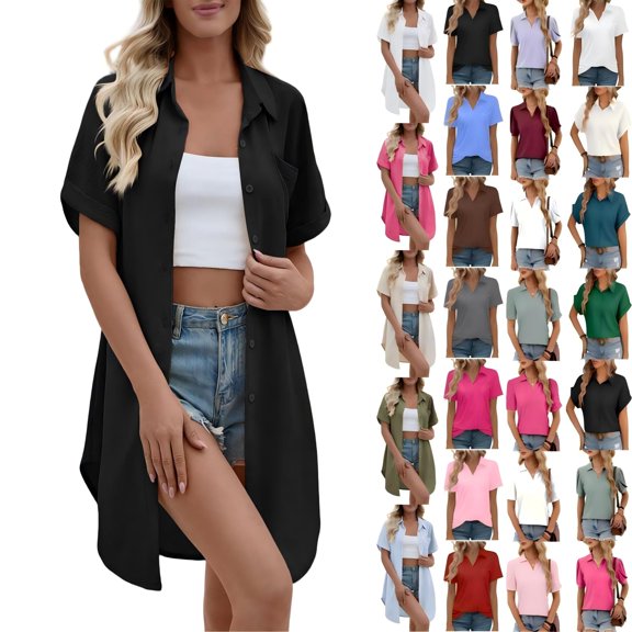 Tqcoqu Women's Short Sleeve Shirts Lightweight Button Down Shirt/Beach Cover Up & Casual Polos Tops,A-Black Women's S-XXL