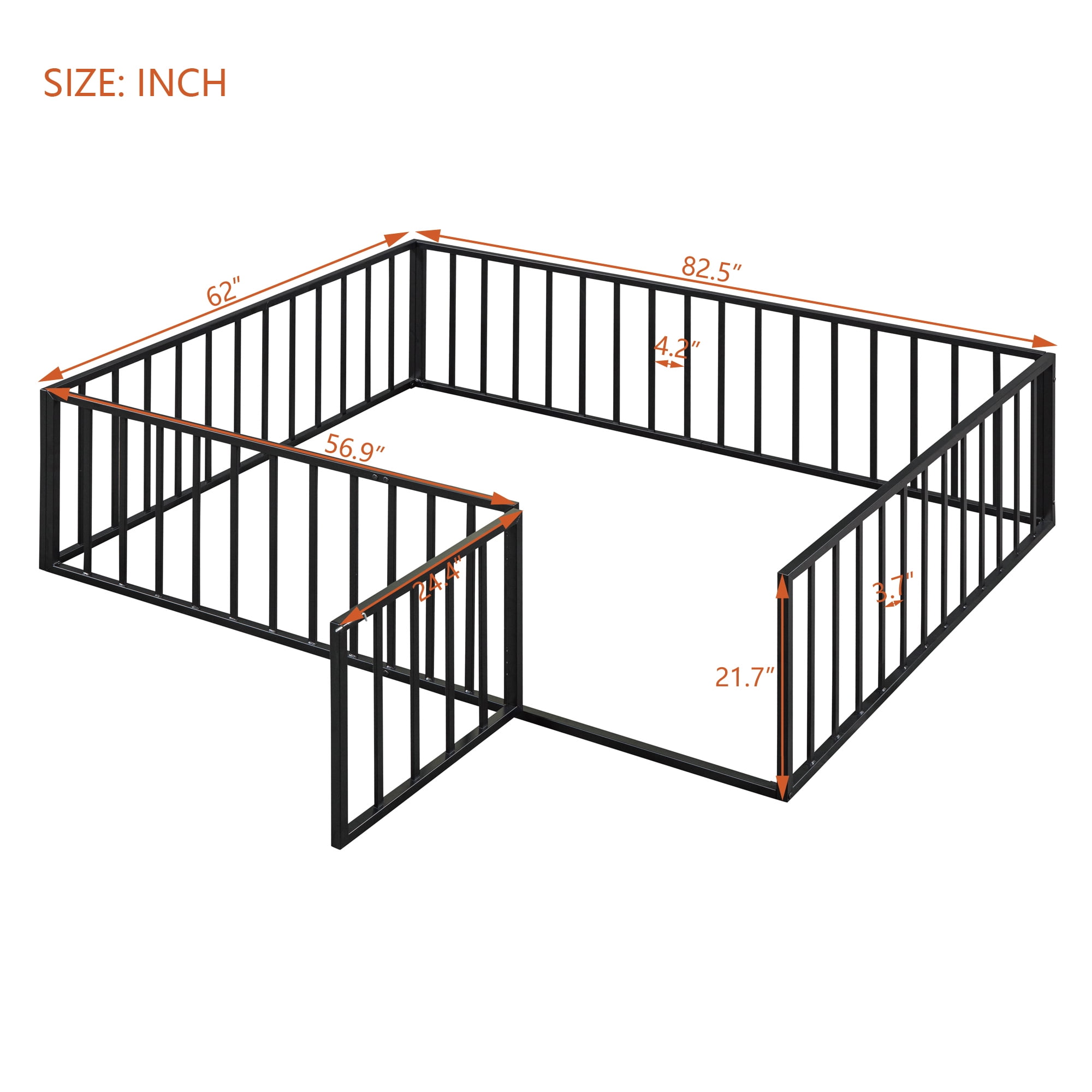 Queen Size Floor Bed with Fence and Door, Low Profile Metal Montessori Bed Frame with Slats Supports,Easy Assembly, No Box Spring Needed,Black