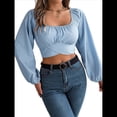 thumbnail image 2 of Blusa Corta con Volantes, Cuello Cuadrado y Fruncido para Mujer, Larga y Lazo Anudado Azul M, 2 of 10