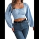 thumbnail image 2 of Blusa Corta con Volantes, Cuello Cuadrado y Fruncido para Mujer, Larga y Lazo Anudado Azul XL, 2 of 10