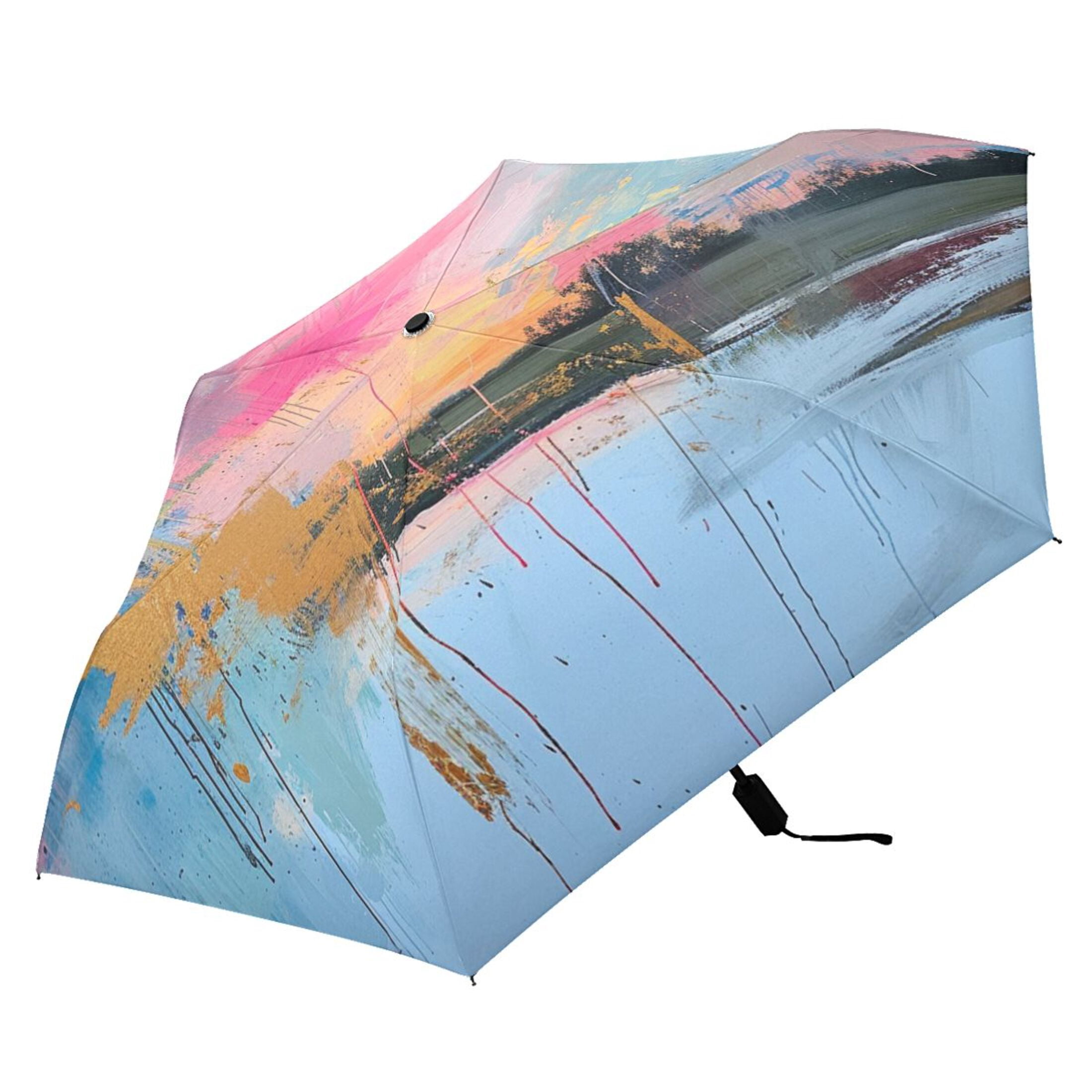 Abstract Oil Landscape Compact Sun Umbrella Windproof Travel Umbrellas for Rain Strong Portable UV Protection