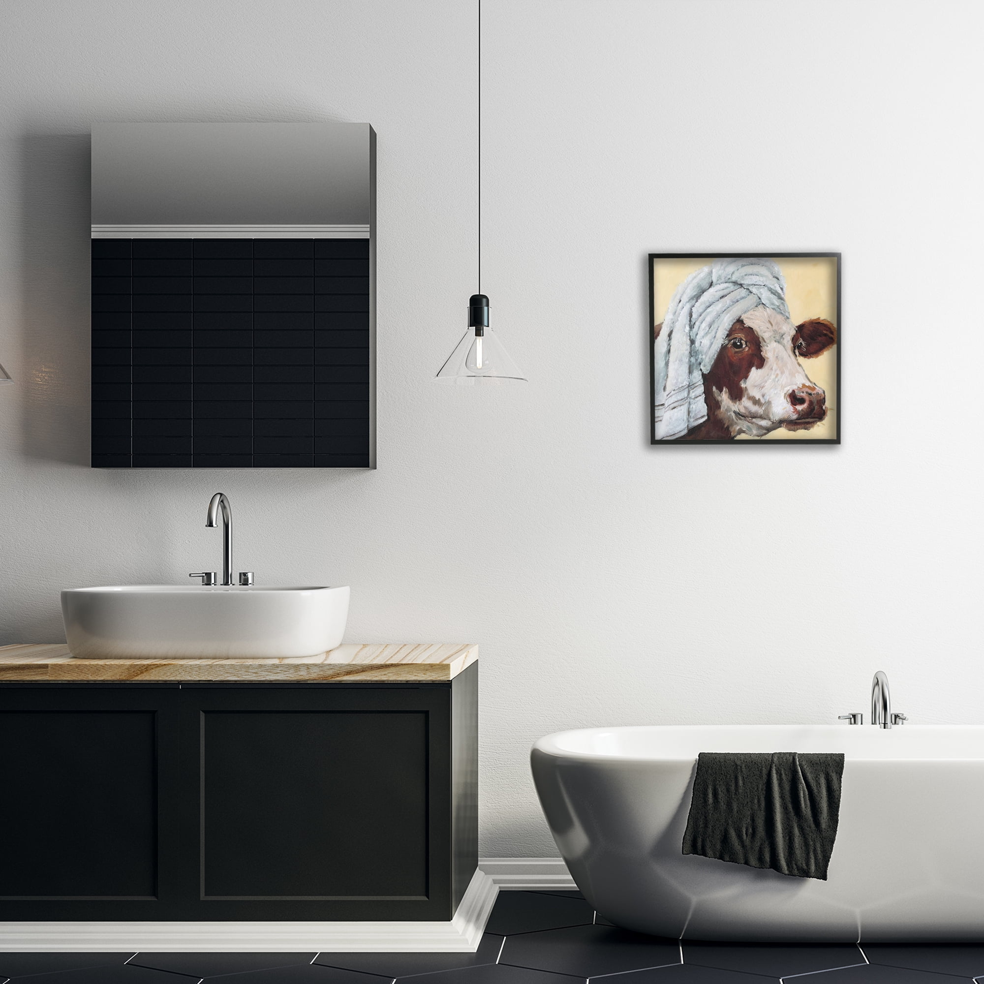 Stupell Industries Cow Spa with Towel Black Framed Giclee Art, design by Studio Bautista