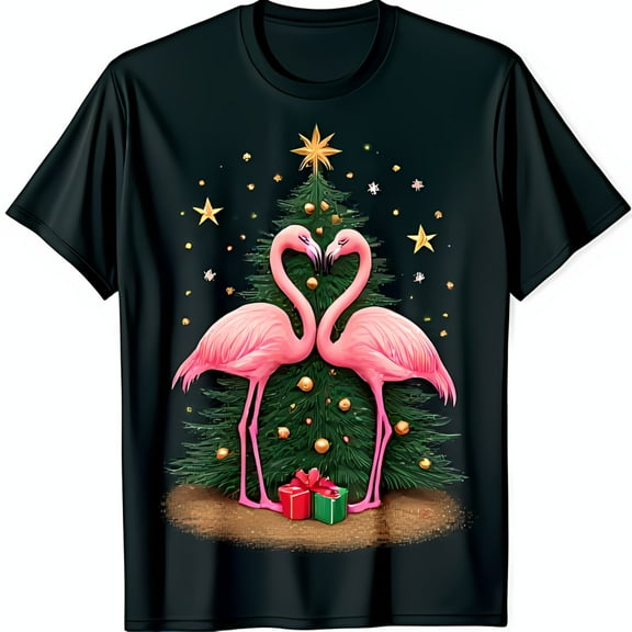 Festive Black T-Shirt with Whimsical Flamingos & Christmas Tree Graphic