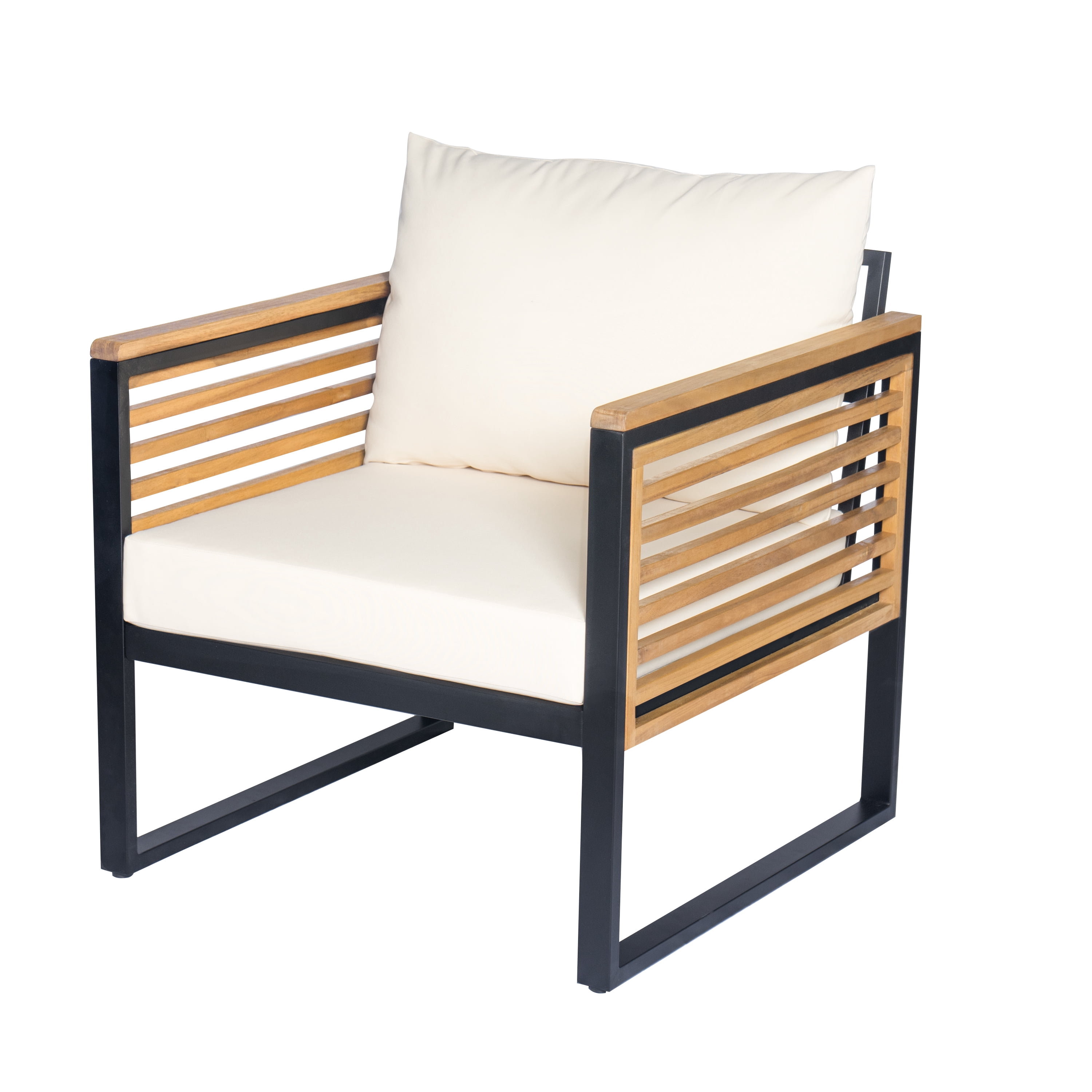 Cushioned Patio Chairs Set of 2, Outdoor Acacia Wood and Metal Seating Chairs for Garden, Black and Beige