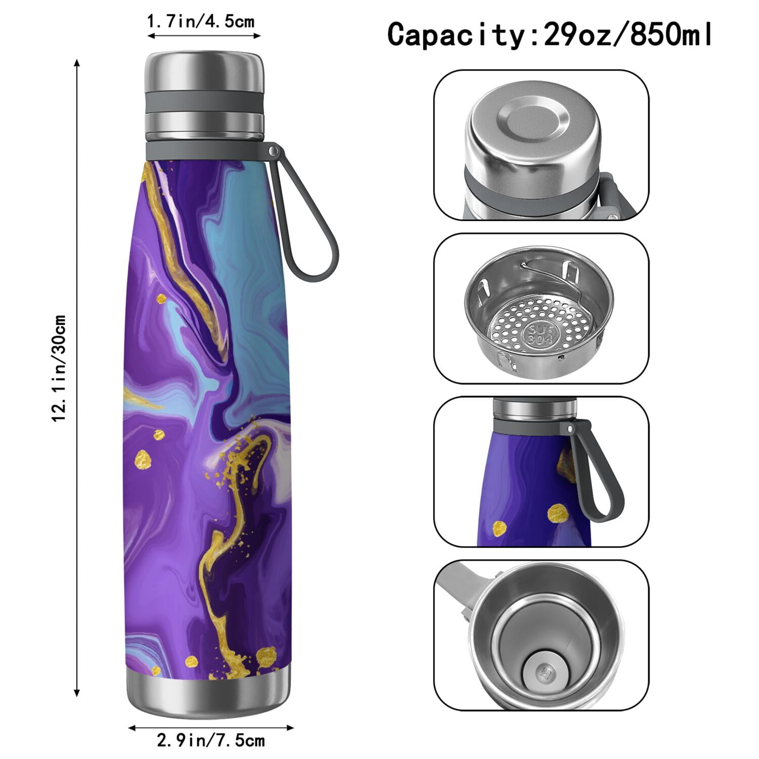 29oz Insulated Water Bottle with Tea Infuser, Stainless Steel Travel Mug, Liquid & Marble Print