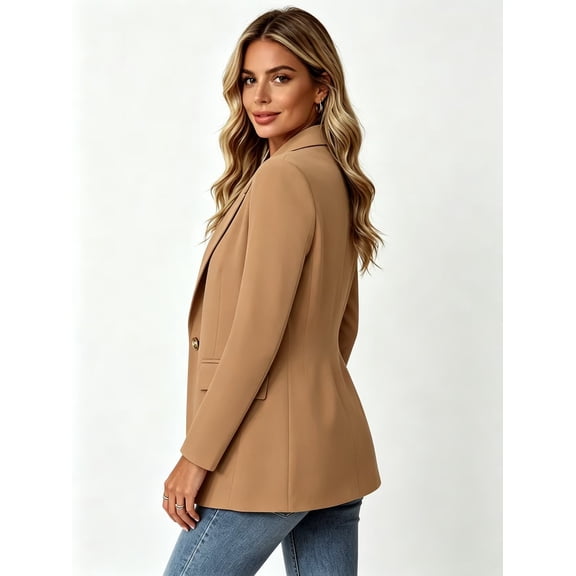 Women's Fitted Blazer, Long-Sleeve Lapel Single-Button Business Casual Commuting Formal Work Jacket with Front Pocket Design