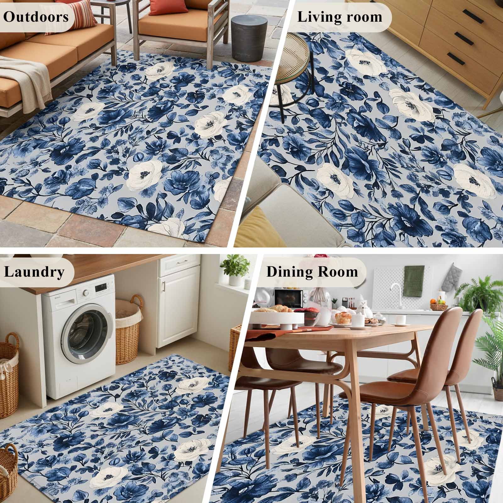 3'x5' Area Rugs, Navy Blue White Peony Indoor Outdoor Area Rug for Living Room Bedroom, Vintage Floral Blossom Washable Bathroom Rugs Kitchen Floor Carpet Mats Home Decor Aesthetic