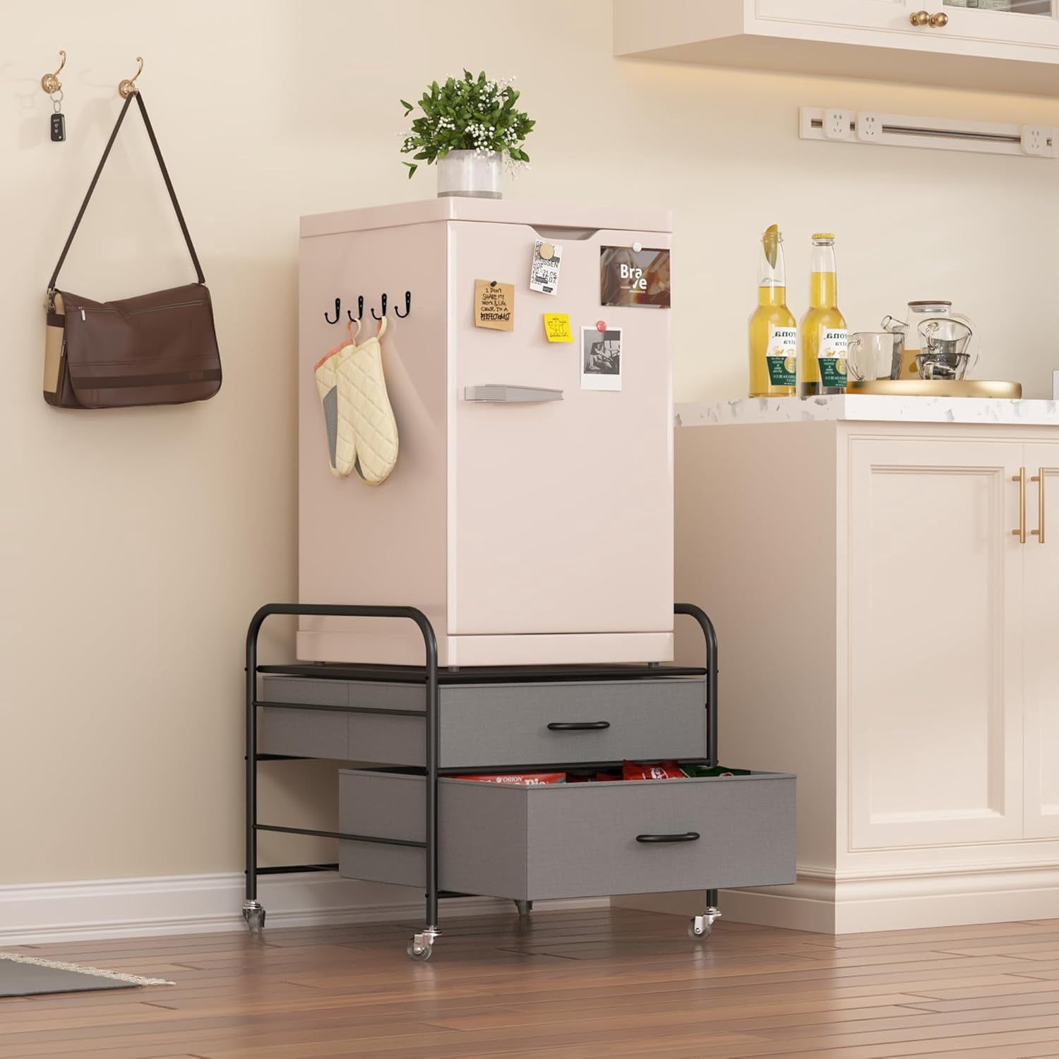 Mini Fridge Stand with Storage, 2 Drawer Fridge Cart Organizer Unit for Kitchen, Metal Frame and Fabric Drawers, Mobile Fridge Table with 4 Swivel Wheels
