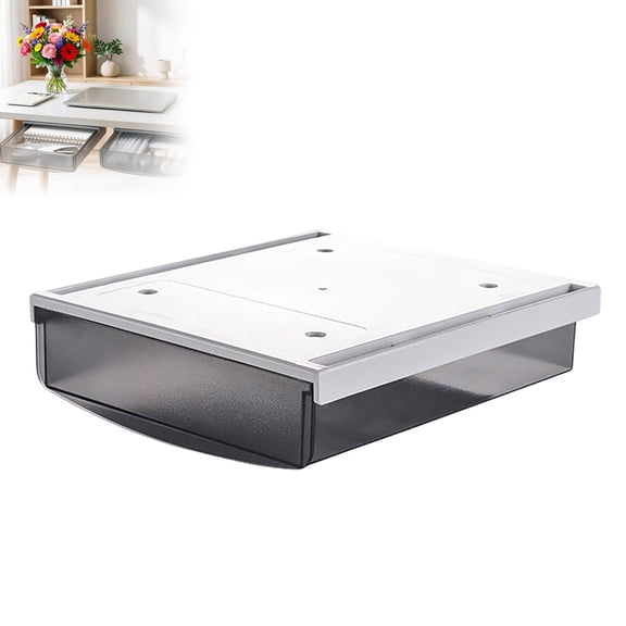 Under Desk Drawer Storage, Self Adhesive Sliding Organizer Drawer, Hidden Under Cabinet Container for Kitchen Bathroom Office, Space Saving ABS,A