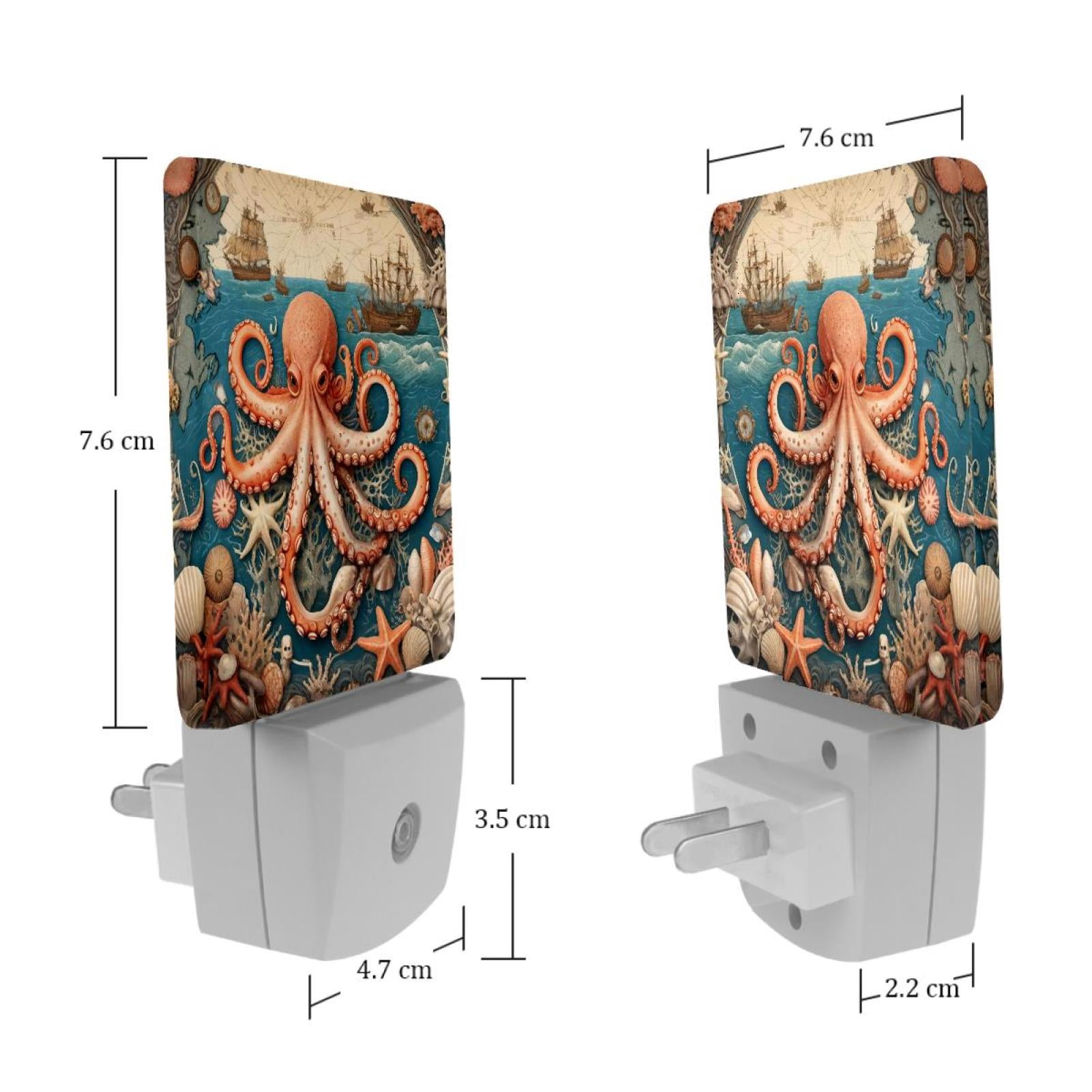 PhooArto Vintage Map Octopus Plug in LED Night Light Auto Sensor Dusk to Dawn Decorative Night for Bedroom, Bathroom, Kitchen, Hallway, Stairs, Baby's Room, Energy Saving