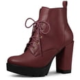 thumbnail image 1 of Unique Bargains Bottes à Plateforme à Lacets à Talon Épais à Bout Rond pour Femme Bourgogne US 9, 1 of 6