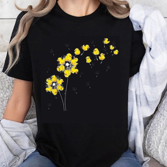 100% Cotton Duck Flower Design Cute Yellow Ducks Floral Pattern Funny Animal Print Women's Casual Summer T-Shirt