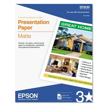 Epson Matte Presentation Paper, 27 lbs., Matte, 8-1/2 x 11, 100 Sheets/Pack -EPSS041062