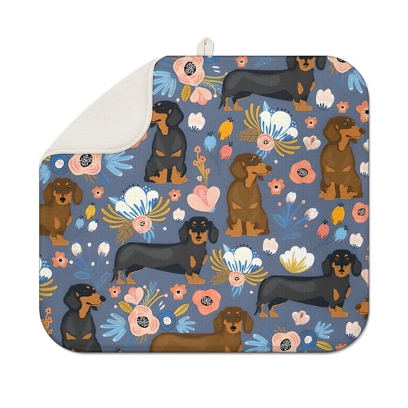 Dachshund and Flower Dish Drying Mat for Kitchen 1 Pack, Ultra Absorbent Microfiber Dishes Drainer Mats,16"x18"