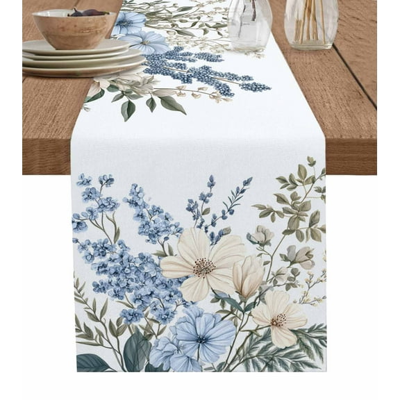 Table Runner Dresser Scarves 70 Inch Long,Watercolor Blossom Flower Plant Linen Dining Table Runners Garden Floral Leaves on White Tabletop Scarf for Wedding Holiday Party Kitchen