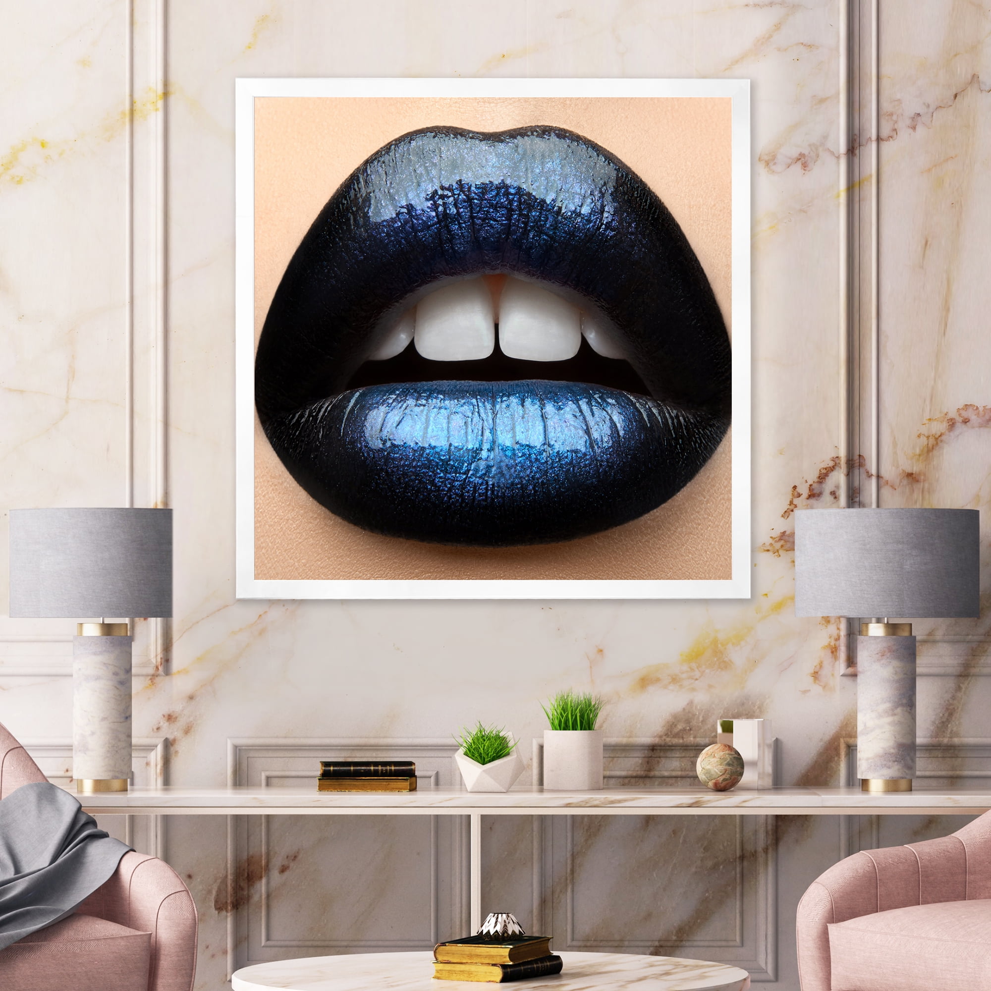 Designart 'Girl Lips With Black and Blue Lipstick' Modern Framed Art Print