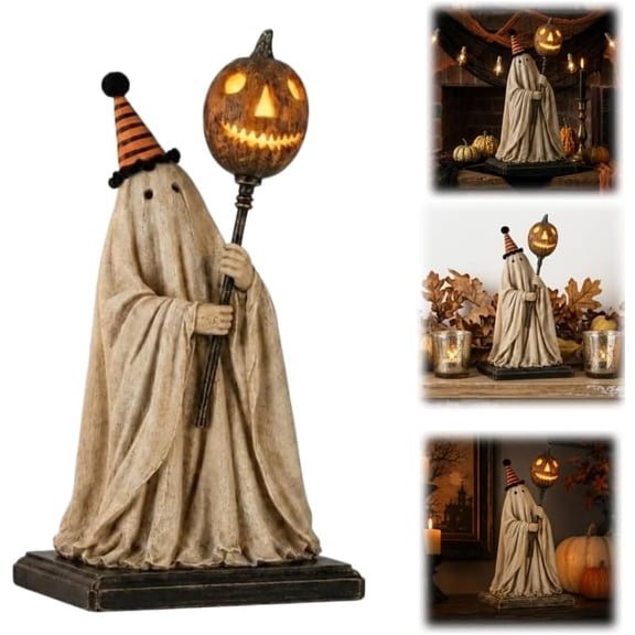 Lighted Vintage Ghost Figurine with Glowing Pumpkin Staff,Rustic Spooky Halloween Fall Decor for Mantel Shelf Entryways,Striped Party Hat Decorations,Vintage Indoor Figurines for Mantel