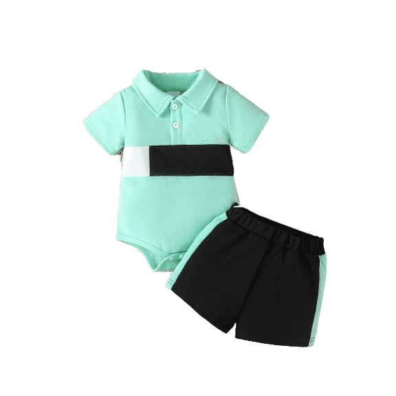 Mikrdoo Summer Outfits For 18 Months Baby Boys King Letter Graphics 24 Months Boys Colorblock Lapel Romper Tops & Side Splicing Shorts 2Pcs Clothes