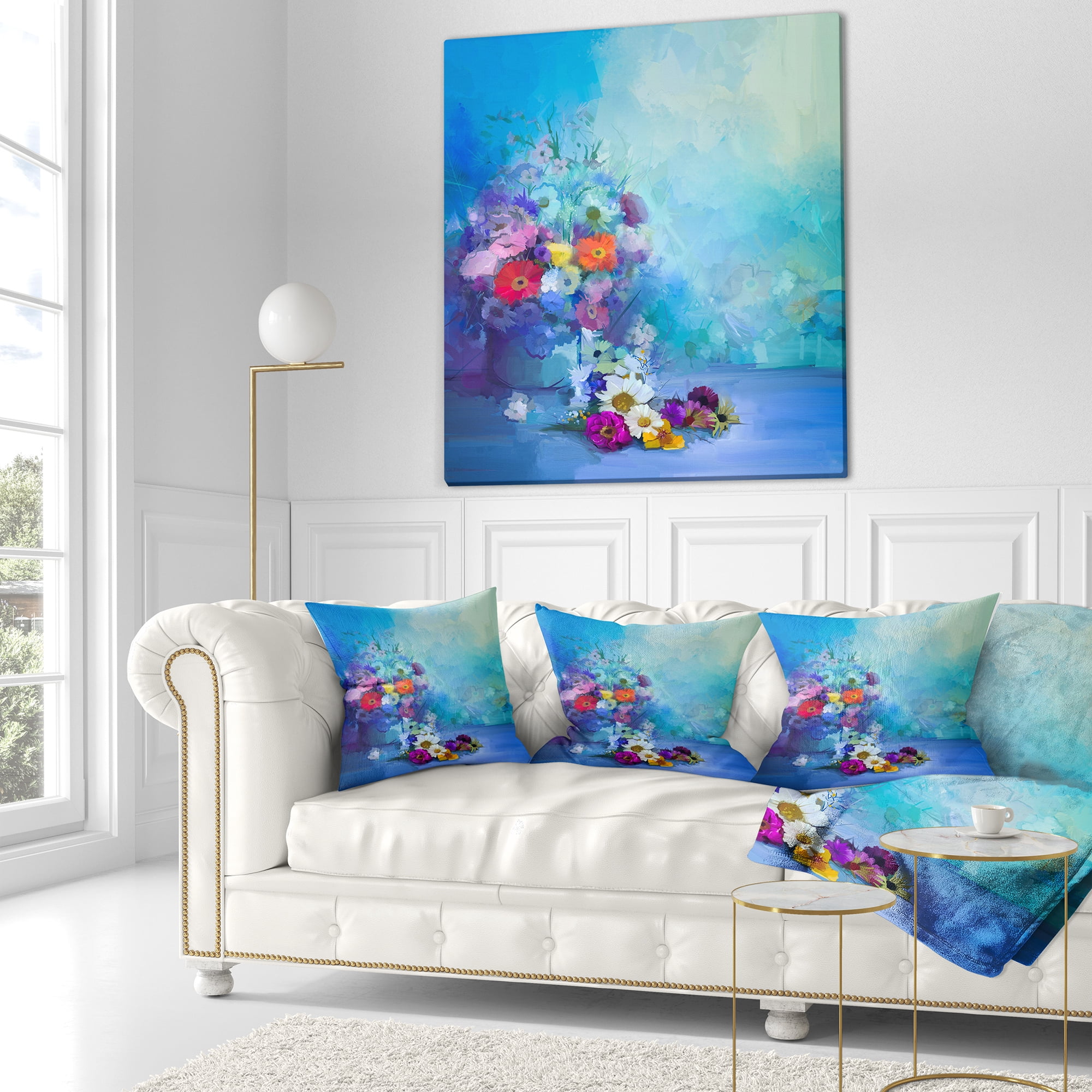 Designart Little Flowers on Blue Background - Floral Throw Pillow - 16x16
