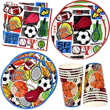 Sports Party Supplies Tableware Set 24 9" Plates 24 7" Plate 24 9 Oz. Cups 50 Lunch Napkins Disposable Paper For Birthday Sport Theme Decorations Basketball Baseball Soccer Tennis Themed Boy Sets