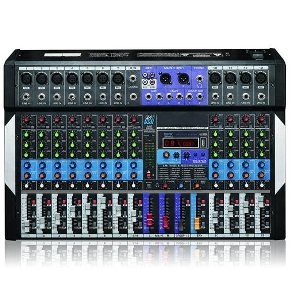 12-Channel Bluetooth Studio Audio Mixer - DJ Sound Controller Interface w/ USB Drive for PC Recording Input, RCA, XLR Microphone Jack, 48V Power, 24BIT Digital Multi Effect Processor