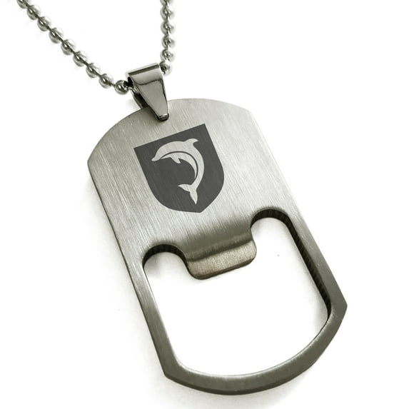 Stainless Steel Dolphin Diligence Coat of Arms Shield Engraved Bottle Opener Dog Tag Pendant Necklace