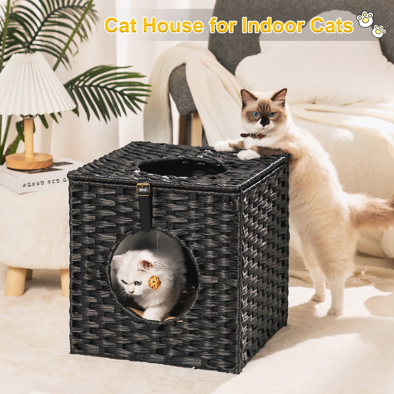 Canddidliike Rattan Cube Cat Bed with Rattan Ball and Mats in Black Canddidliike Rattan Cube Cat Bed with Rattan Ball and Mats in Black