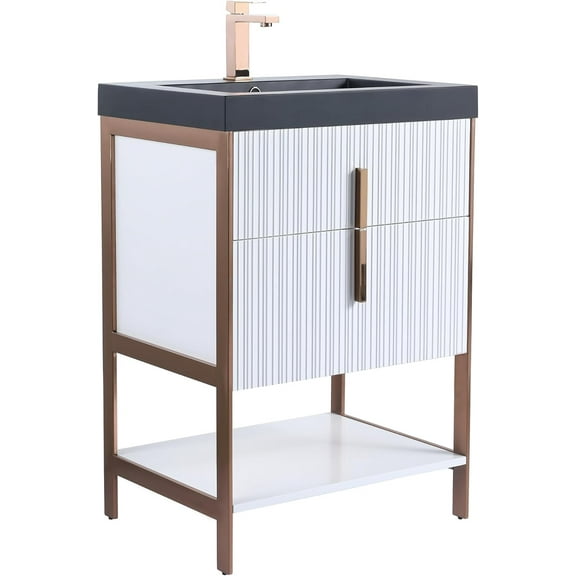 Fine Fixtures Serenity 24 in. W x 18 in. D x 33.5 in. H Bathroom Vanity in White Matte with Gel Coated Thick Edge top in Black with Rose Gold Hardware