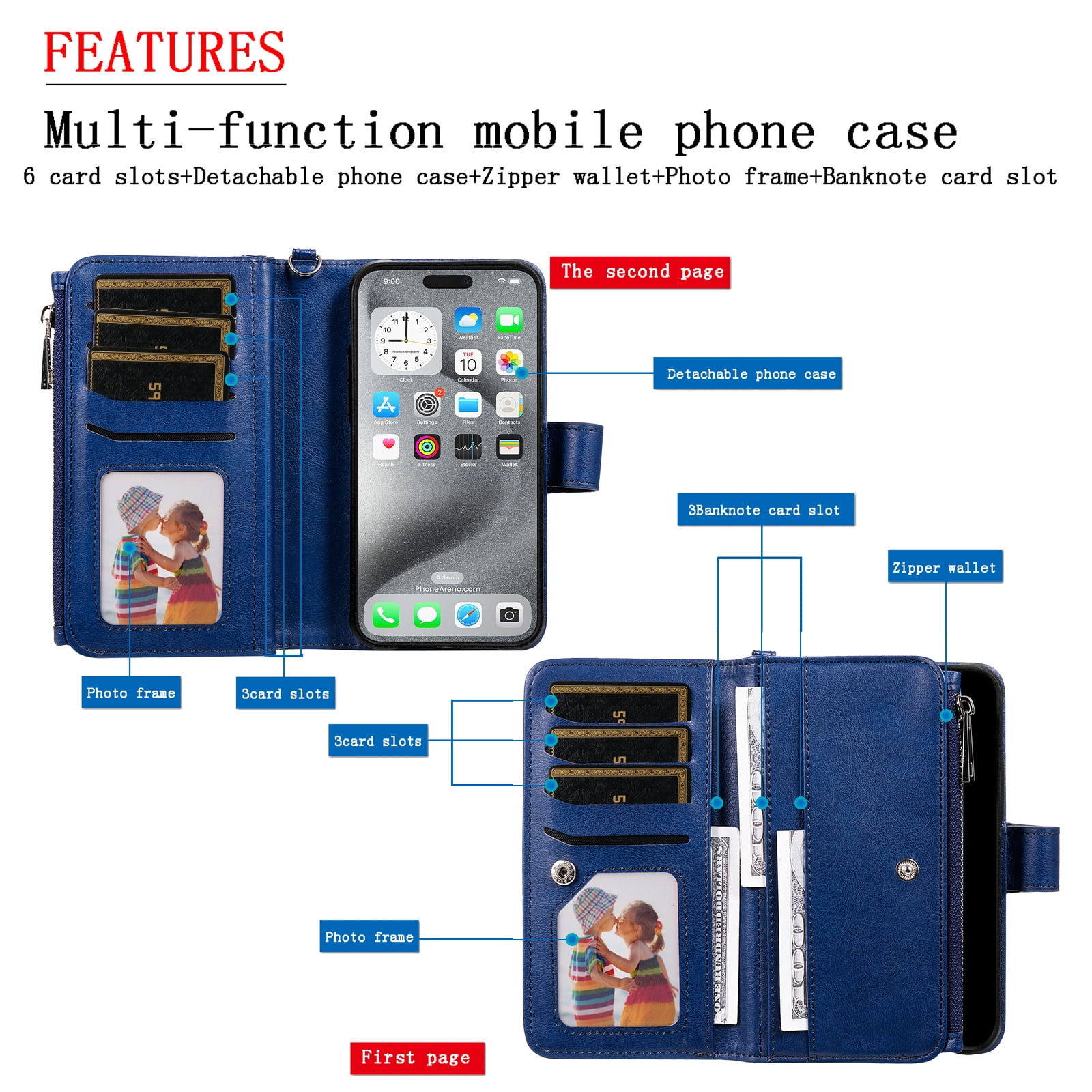 Dteck for iPhone 16 Wallet Case, 2 In 1 Detachable Protective Phone Case Women Men Kickstand flip Cover Wrist Strap Zipper Credit Card Holder Slots for iPhone 16,Blue